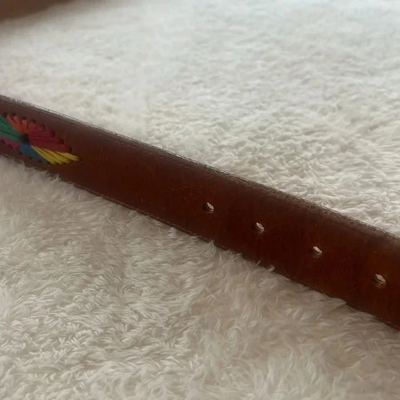 Vintage Women’s Brown Leather Belt Sz L Made USA Hankton 337 Colorful Starbursts - Picture 6 of 16